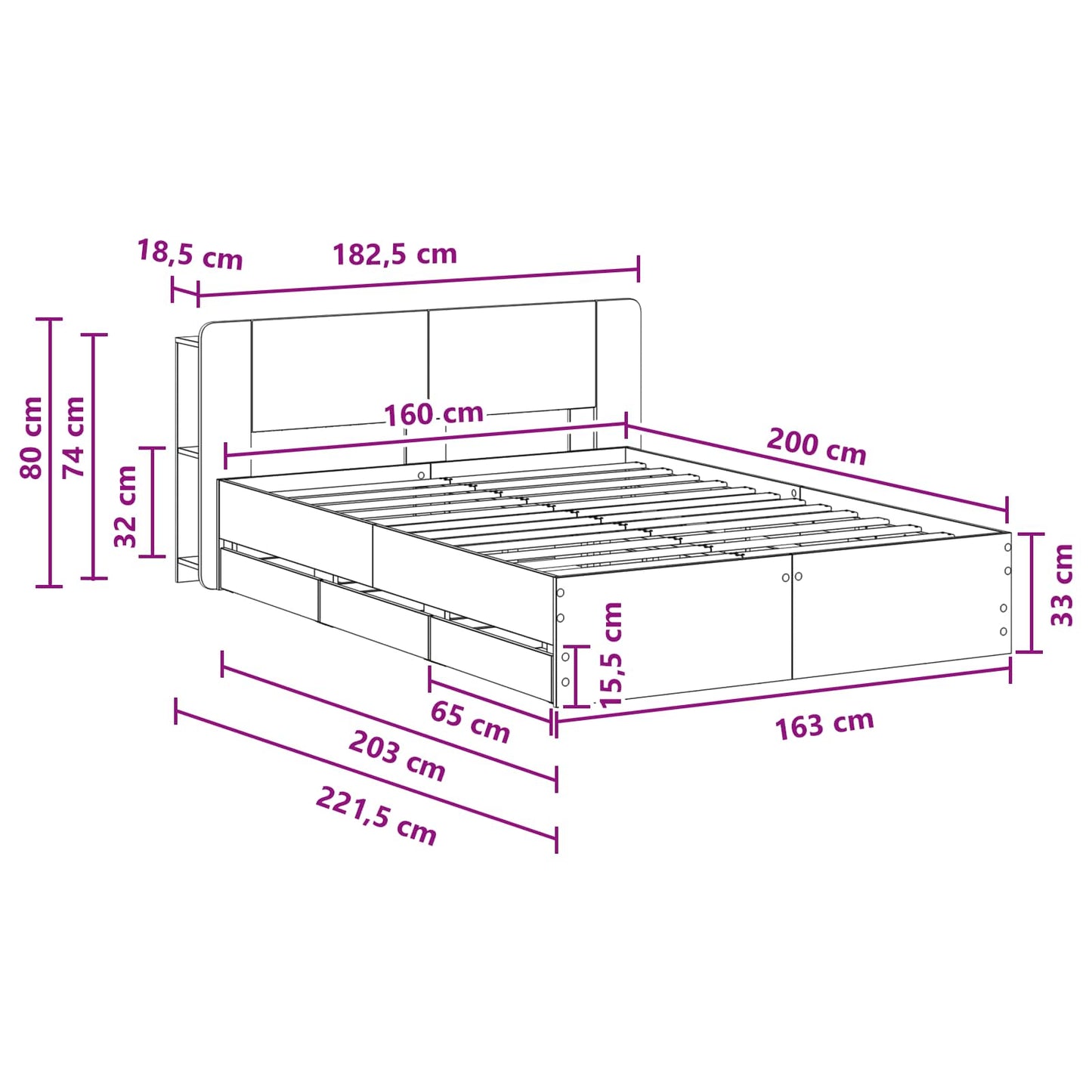 Bed Frame with Storage Black 160 x 200 cm Engineered Wood
