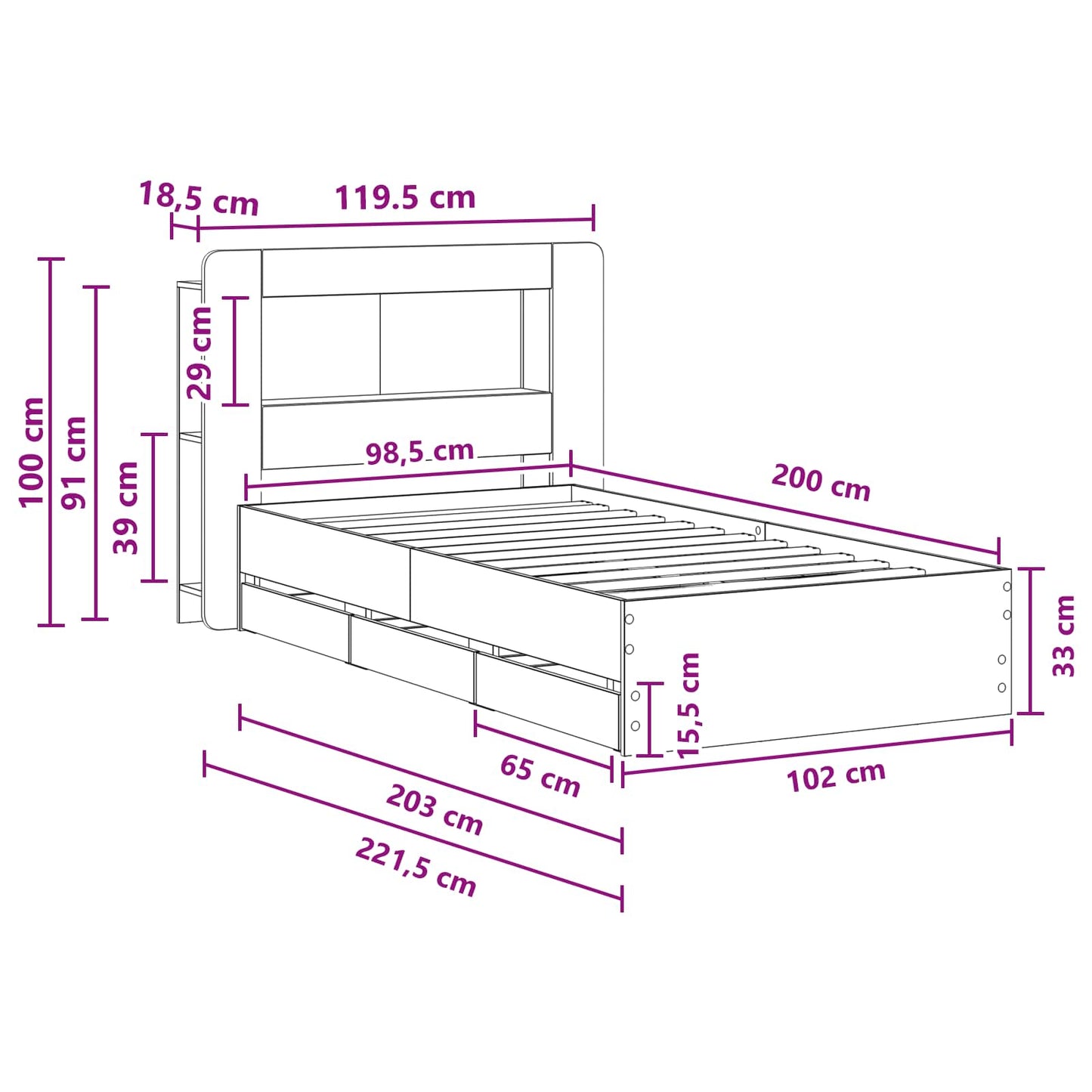 Bed Frame with Storage Smoked Oak 100 x 200 cm Engineered Wood