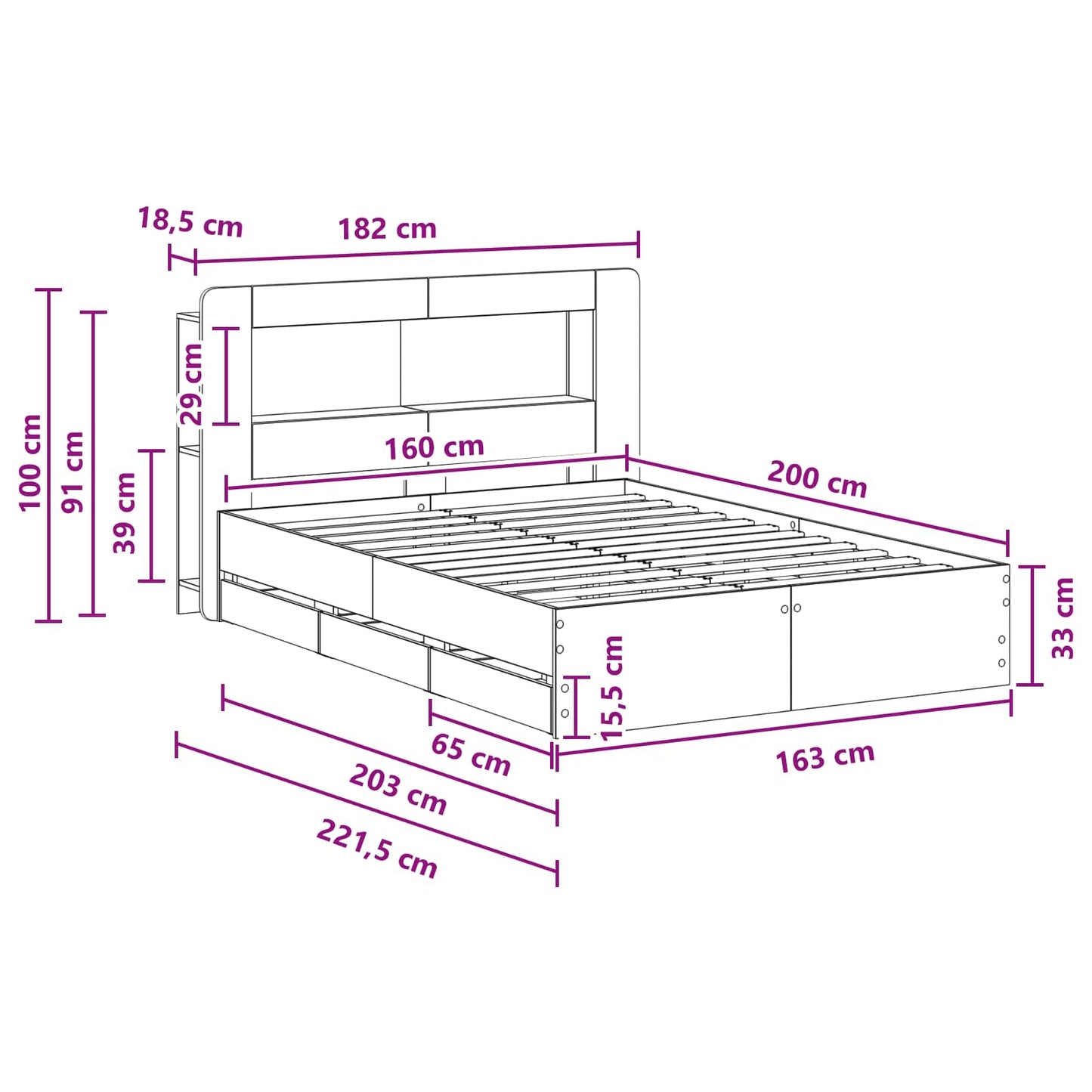 Bed Frame with Storage Grey Sonoma 160 x 200 cm Engineered Wood