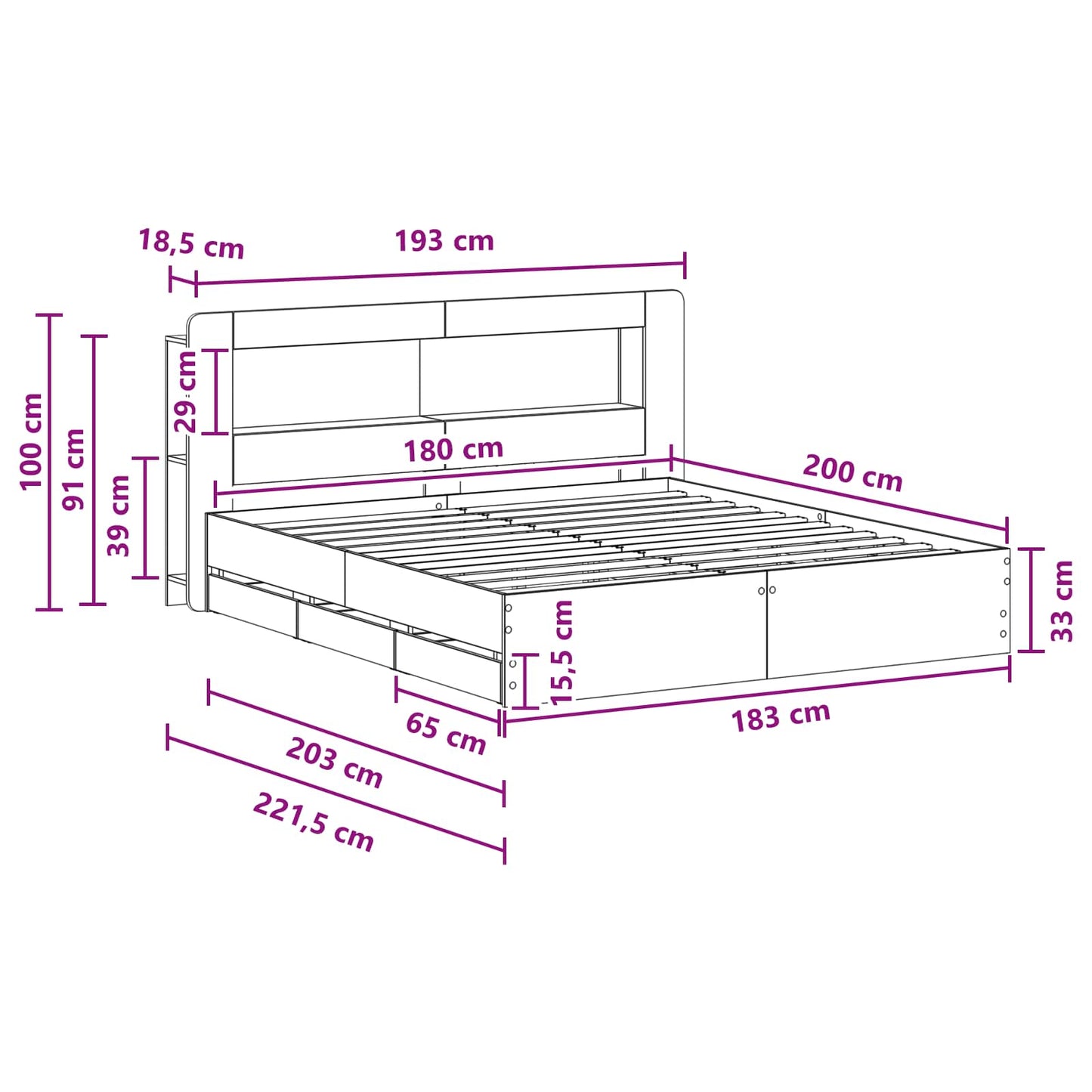 Bed Frame with Storage Black 180 x 200 cm Engineered Wood