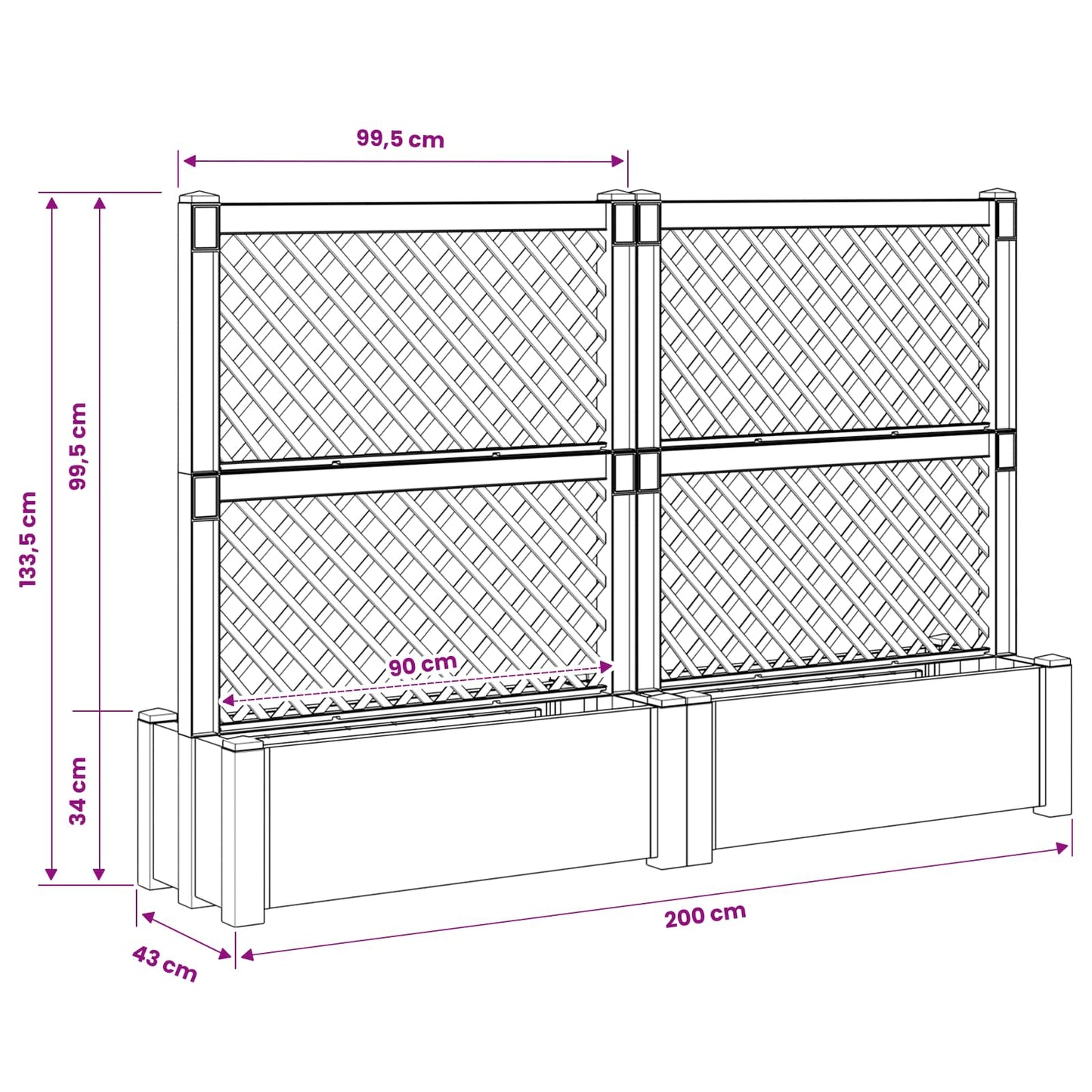 Big Planter with Trellis 2 pcs Grey 200 x 43 x 133.5 cm PP