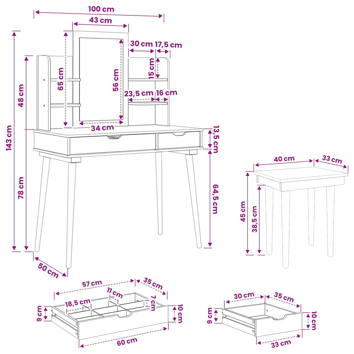 Dressing Table Set FAUSKE 5 pcs White 100 x 50 x 143 cm