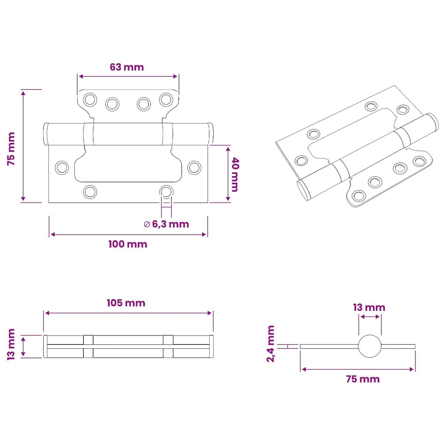 Hinge 8 pcs 100 x 75 x 13 mm Silver Steel