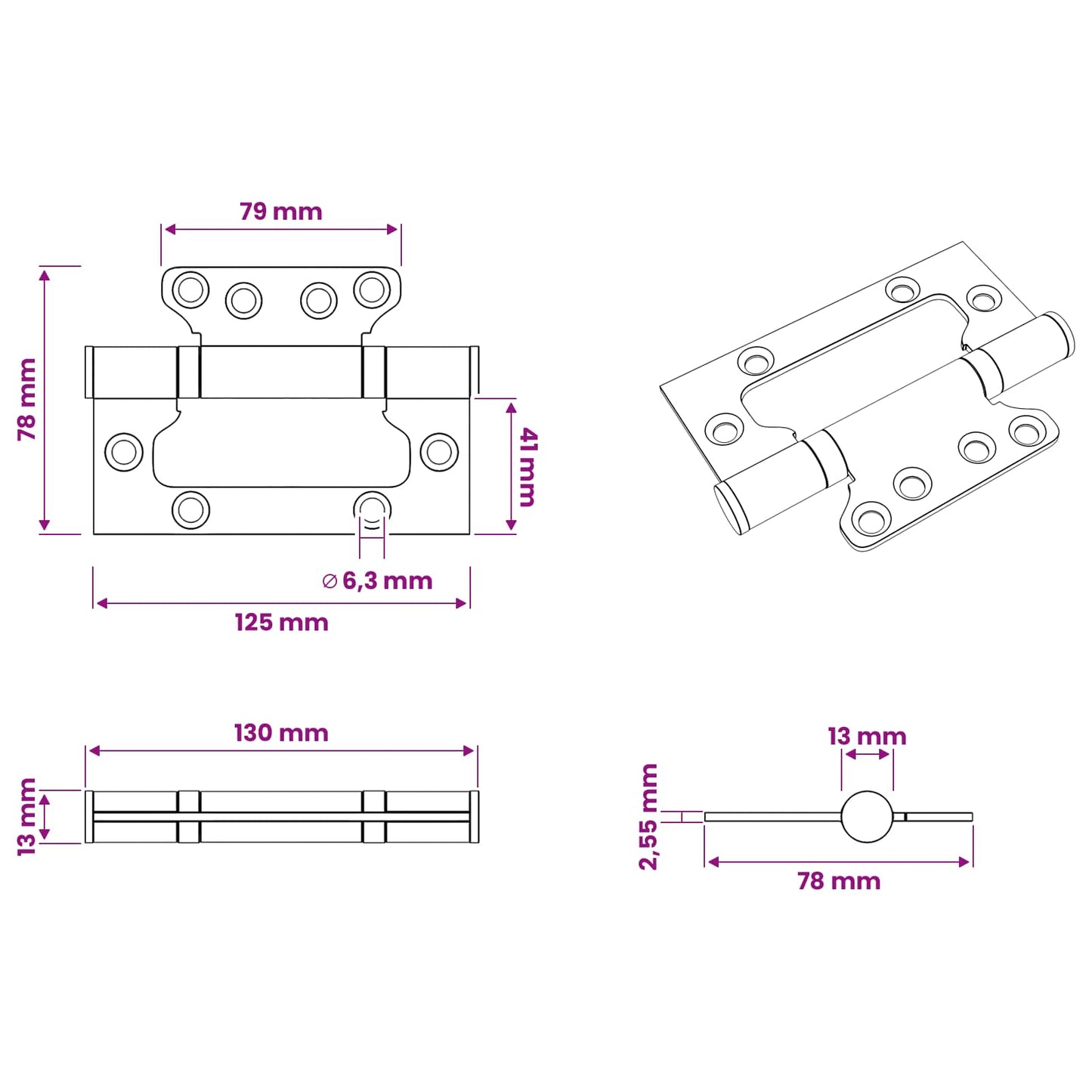 Hinge 16 pcs 125 x 78 x 13 mm Silver Steel