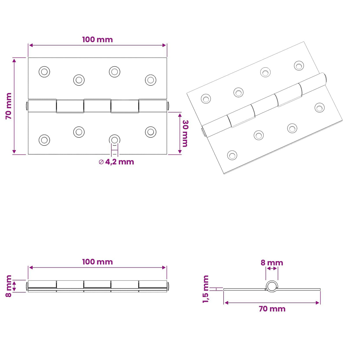 Hinge 24 pcs 100 x 70 x 8 mm Silver Steel