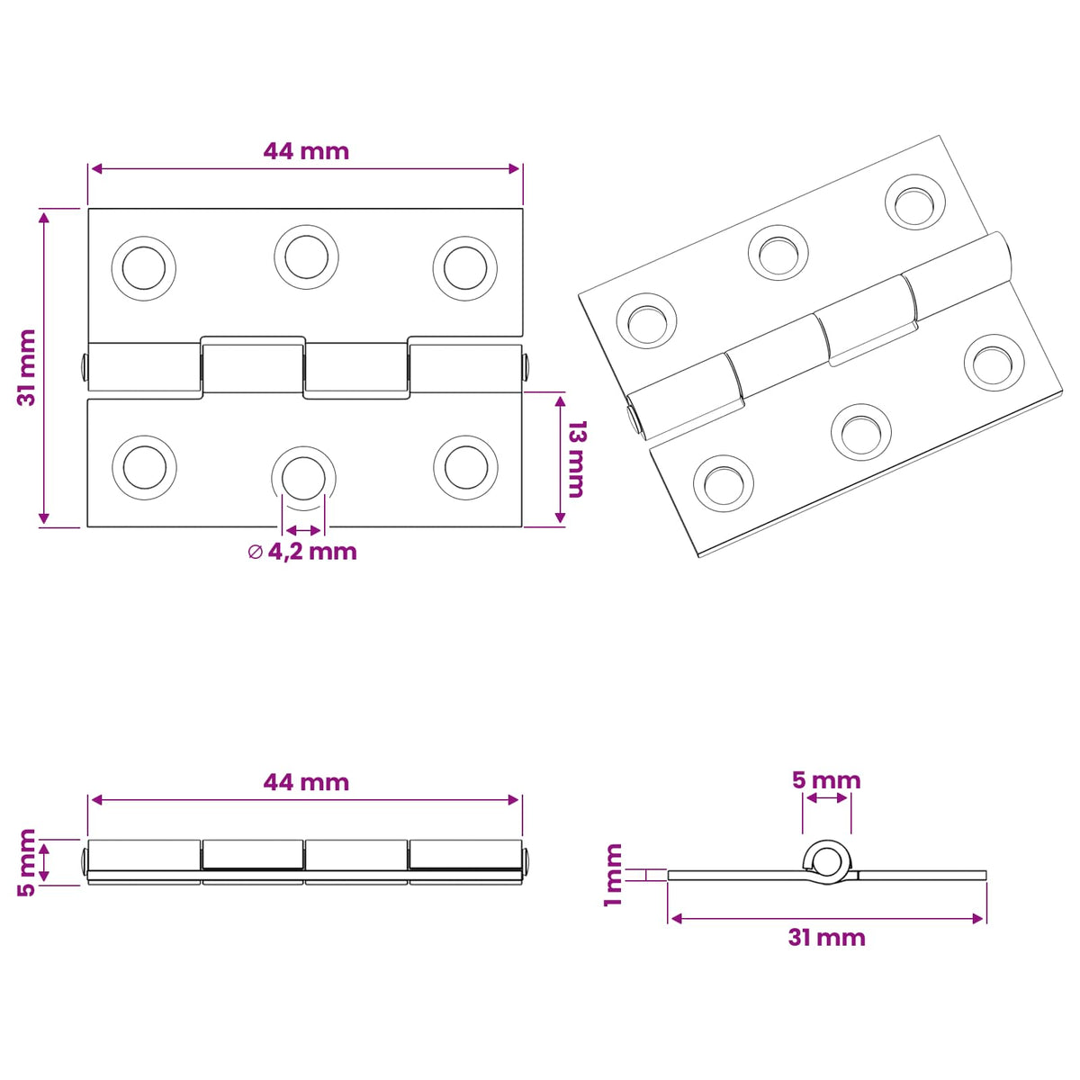 Hinge 48 pcs 44 x 31 x 5 mm Silver Steel