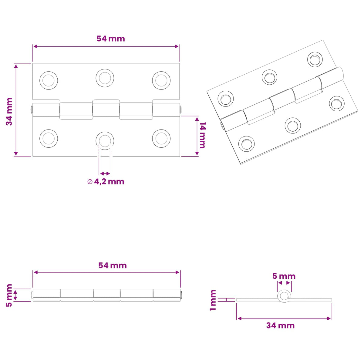Hinge 48 pcs 54 x 34 x 5 mm Silver Steel