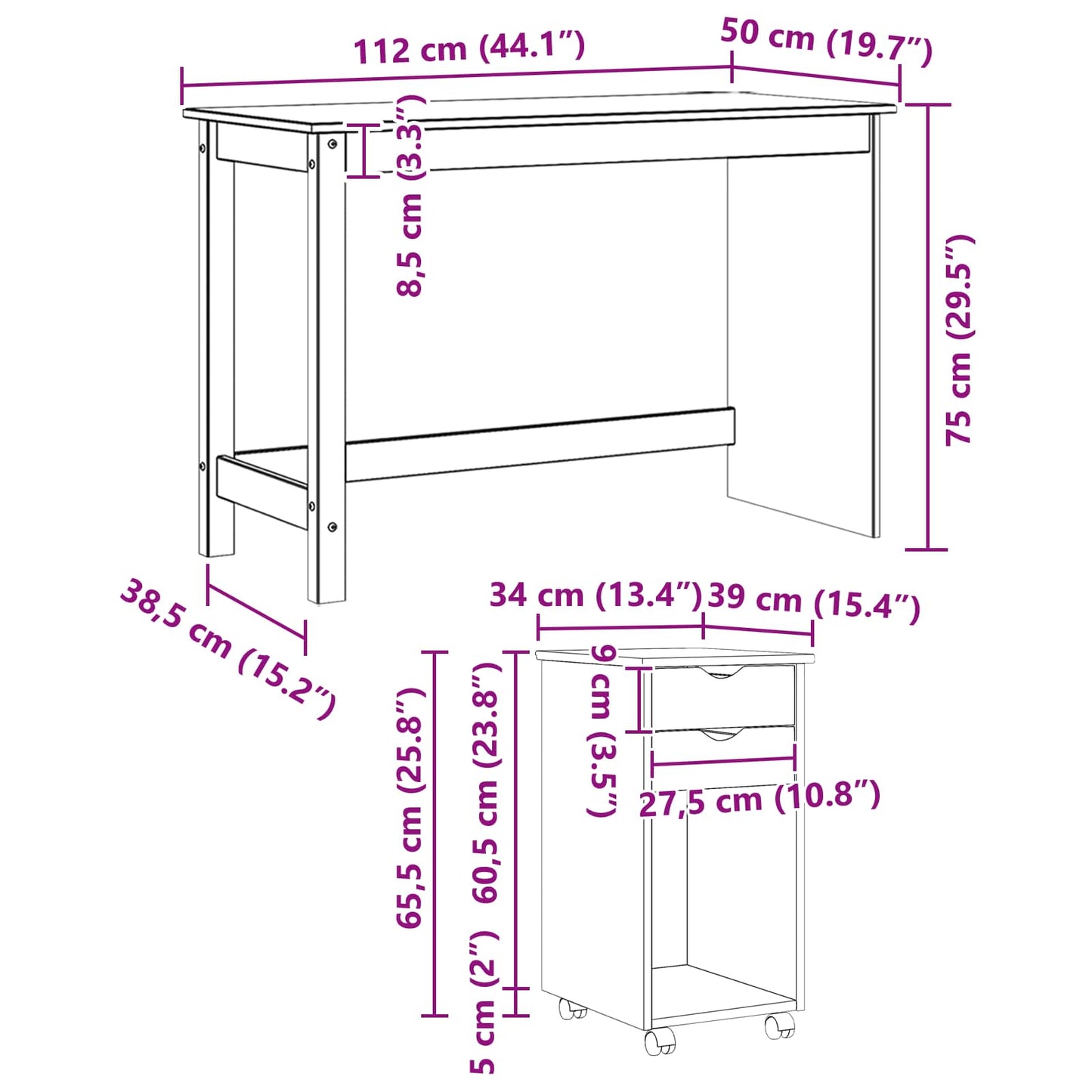 Desk Cabinet Set 2 pcs White Solid Pine Wood
