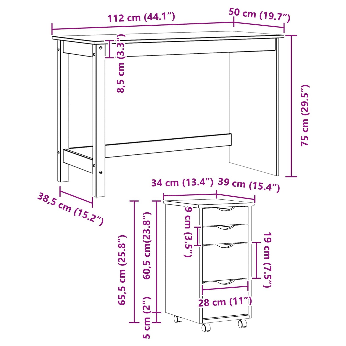 Desk and Rolling Cabinet Set MOSS 2 pcs Honey Brown