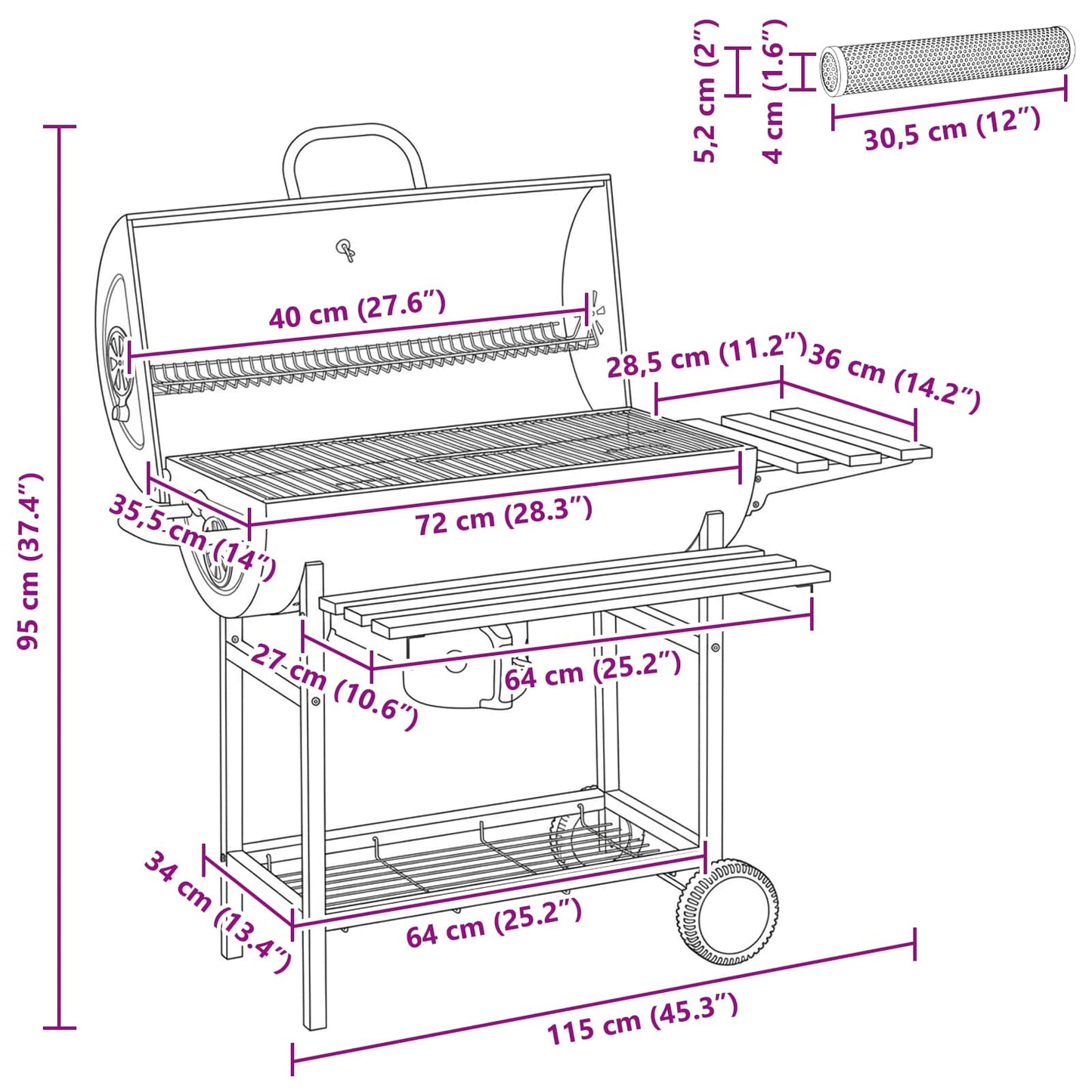 Barrel Grill with Wheels and Shelves 3 pcs 115 x 85 x 95 cm
