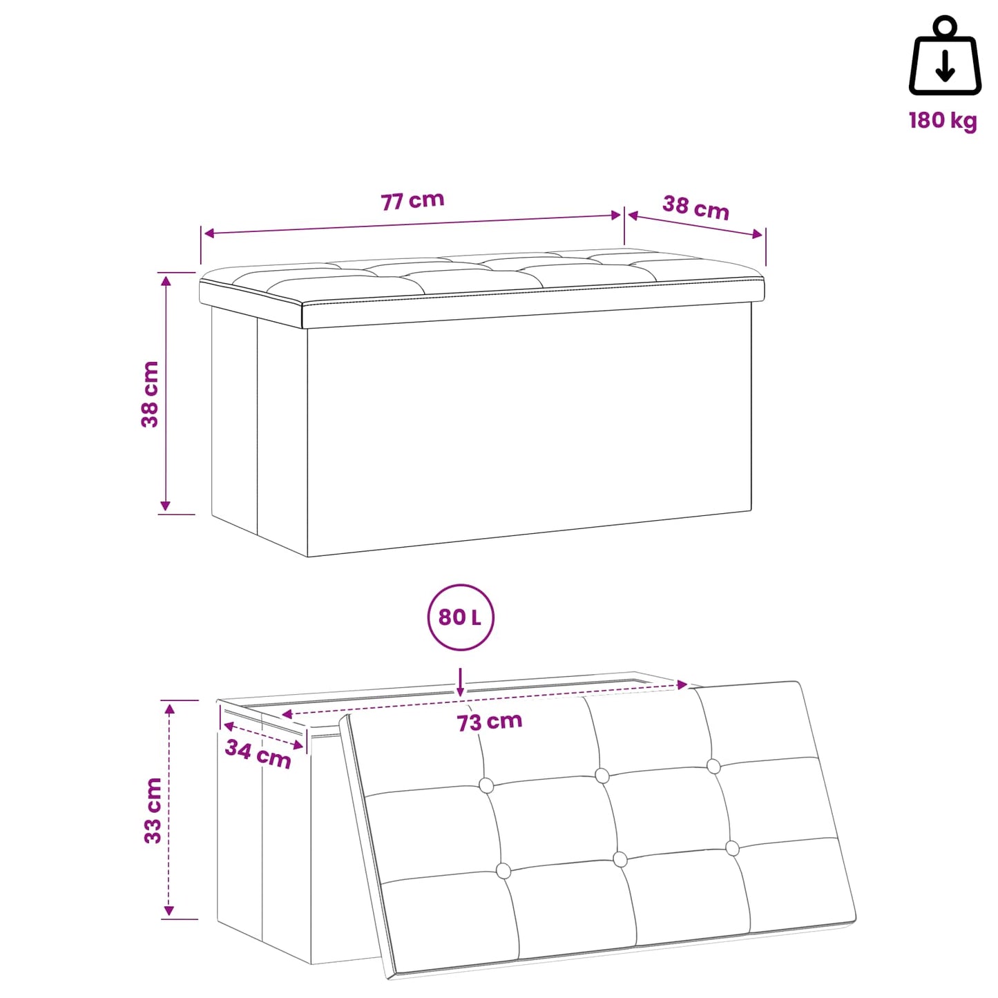 Foldable Storage Bench White 180 kg 80 L 77 x 38 x 38 cm Linen