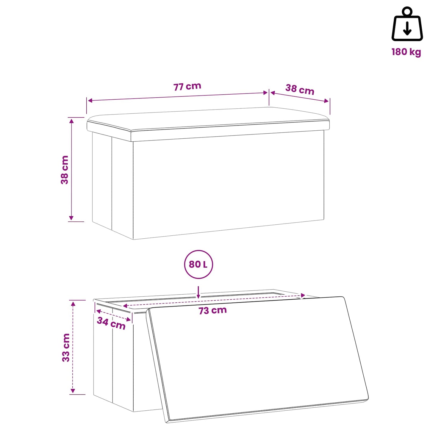 Foldable Storage Bench Brown 180 kg 80 L 77 x 38 x 38 cm PVC