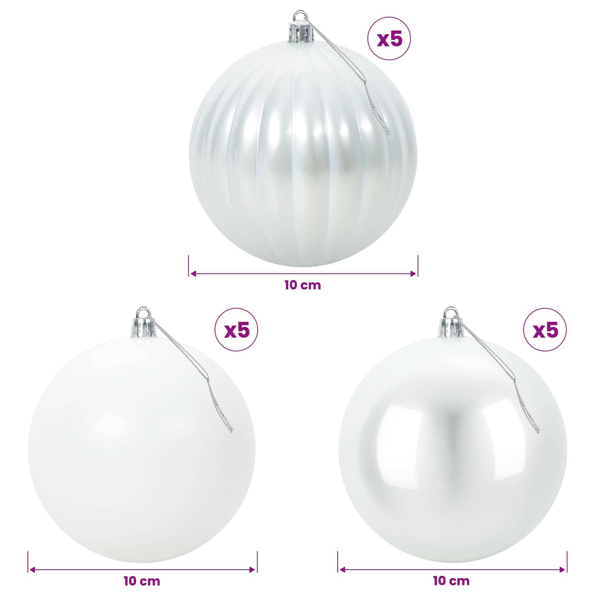 Christmas Ball Set XL 15 pcs White Dia. 10 cm Plastic