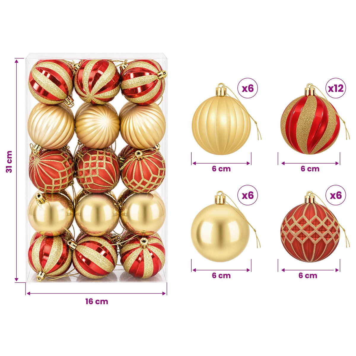 Christmas Ball Set 30 pcs Gold and Red Ø 6 cm Plastic