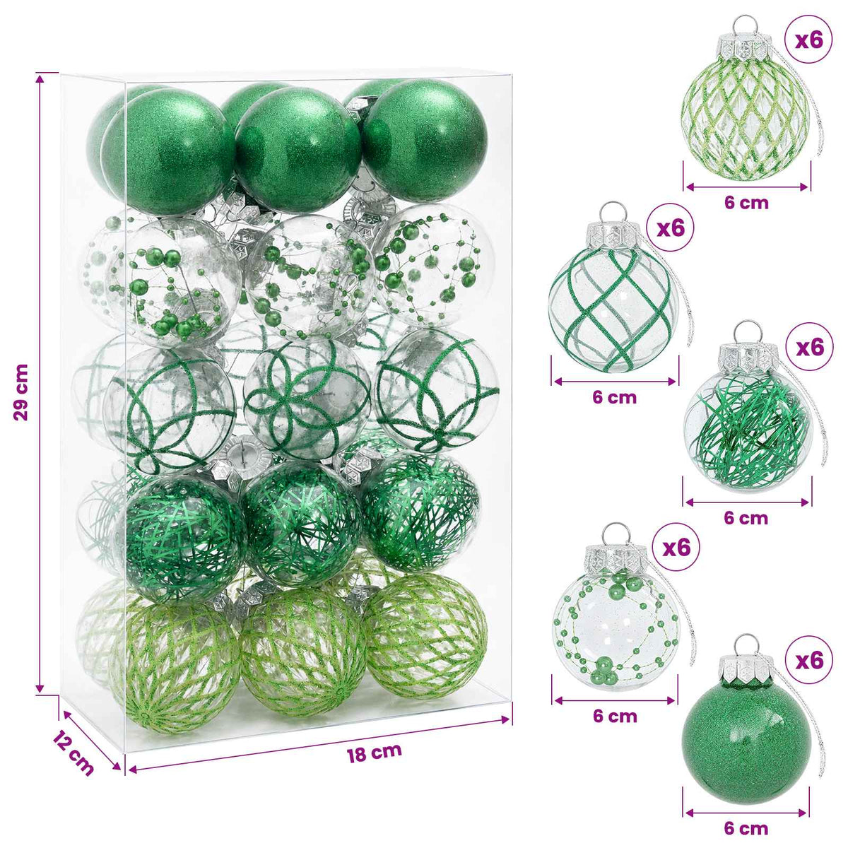 Christmas Ball Set 30 pcs Green Dia. 6 cm PET