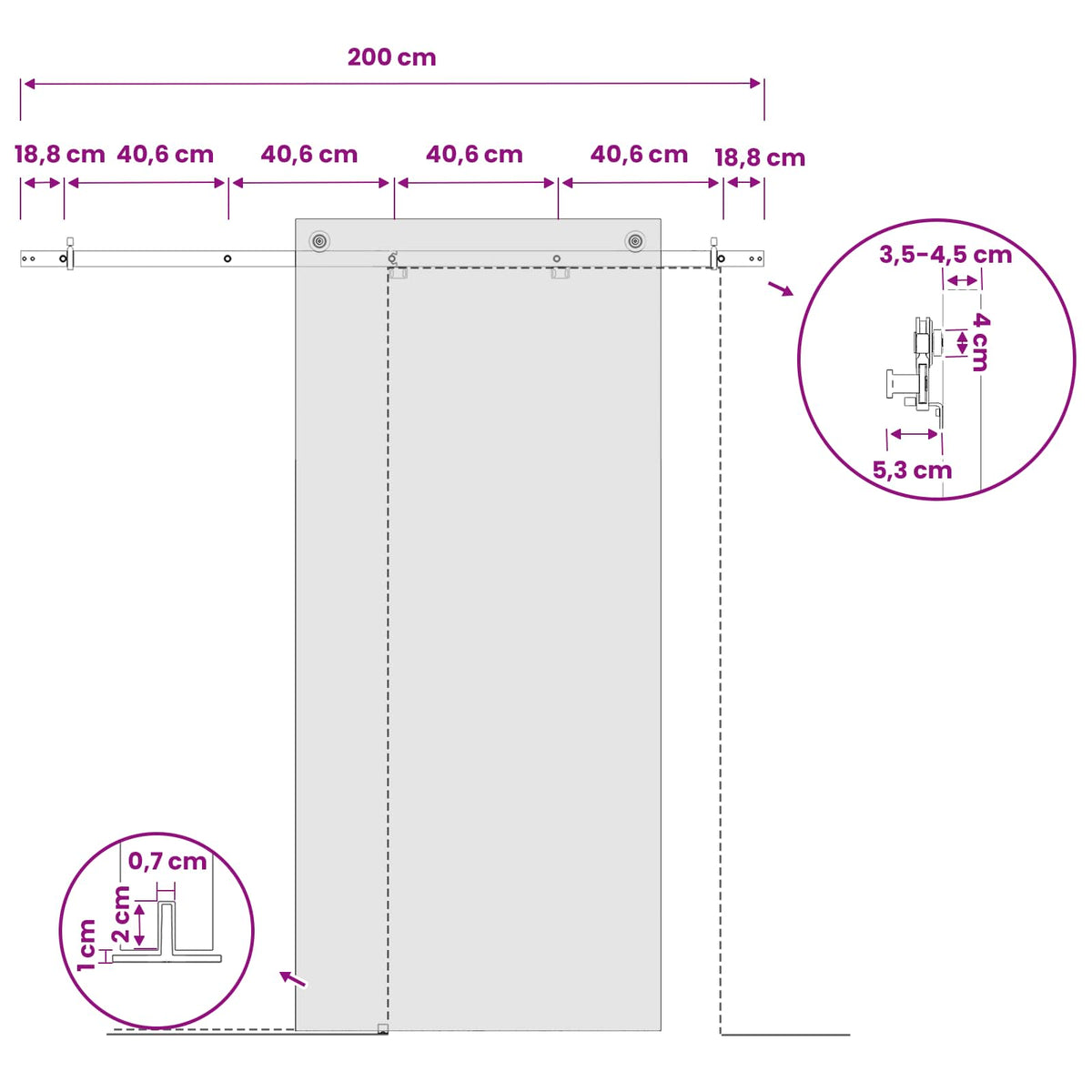 Sliding Door Hardware Kit 200 cm Steel White