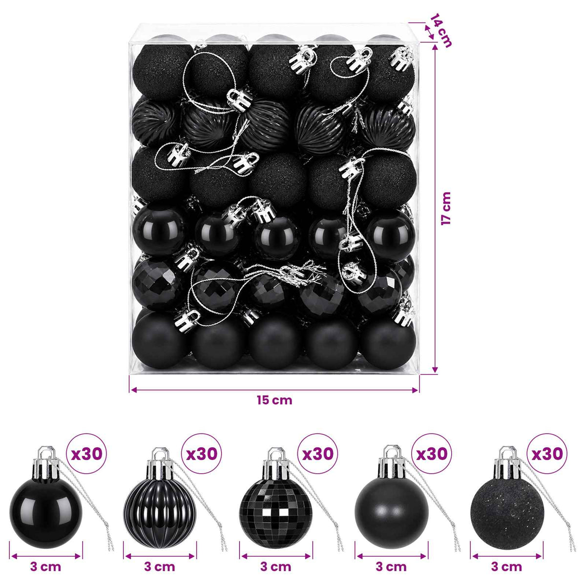 Christmas Ball Set 150 pcs Black 3 cm Polystyrene