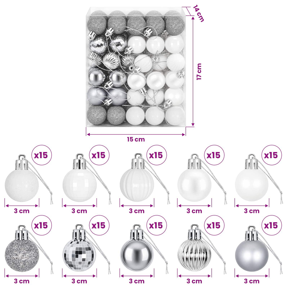 Christmas Ball Set 150 pcs White and Grey 3 cm Polystyrene