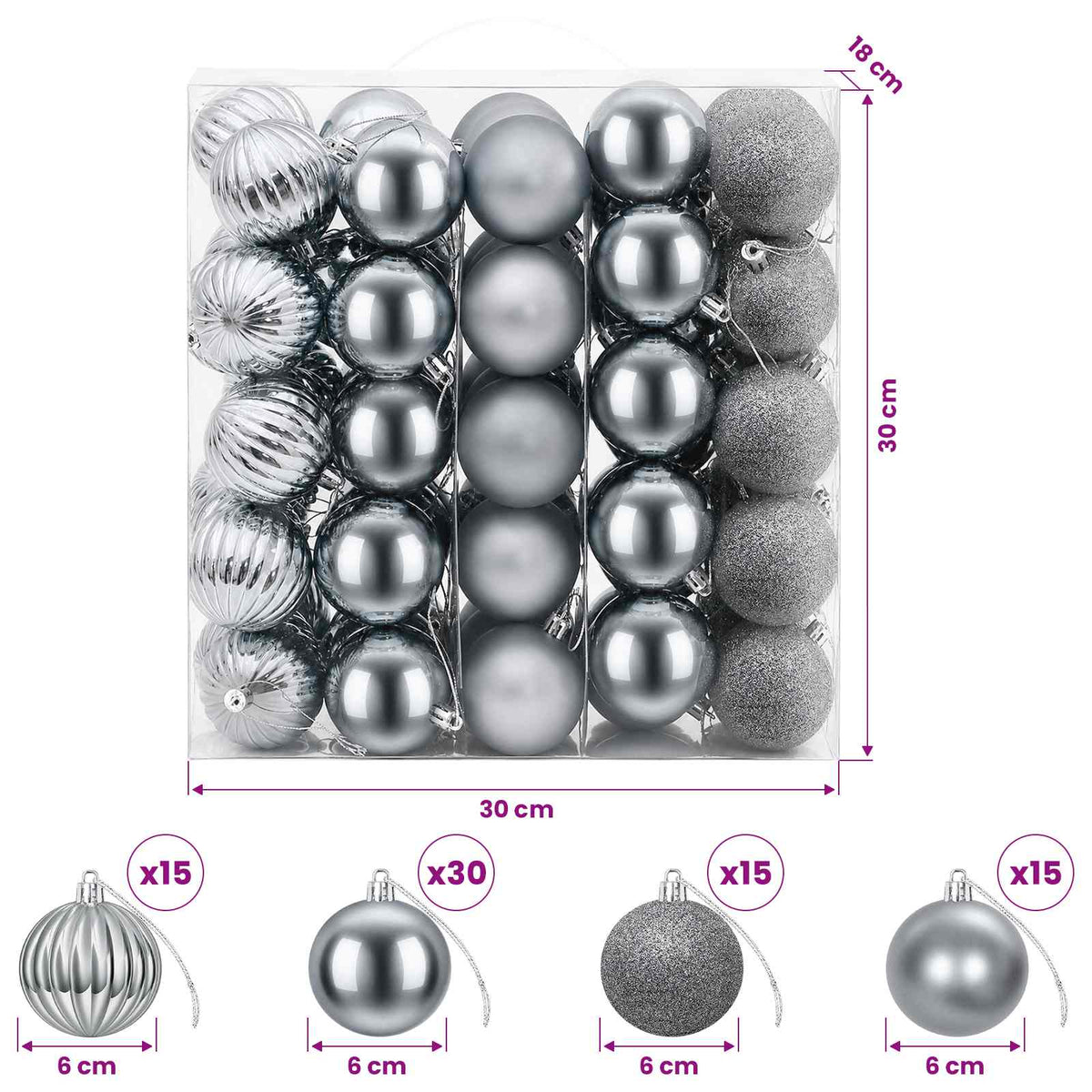 Christmas Ball Set 75 pcs Grey 6 cm Polystyrene