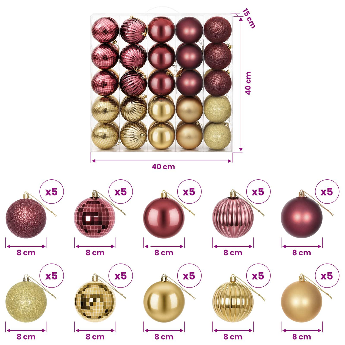 Christmas Ball Set 50 pcs Gold and Wine Red 8 cm Polystyrene