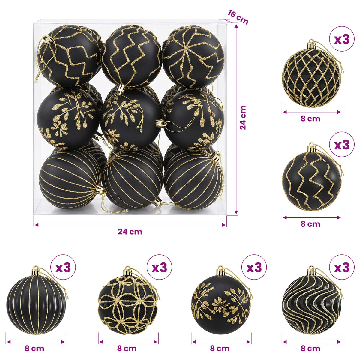 Christmas Ball Set XL 18 pcs Black and Gold Dia. 8 cm