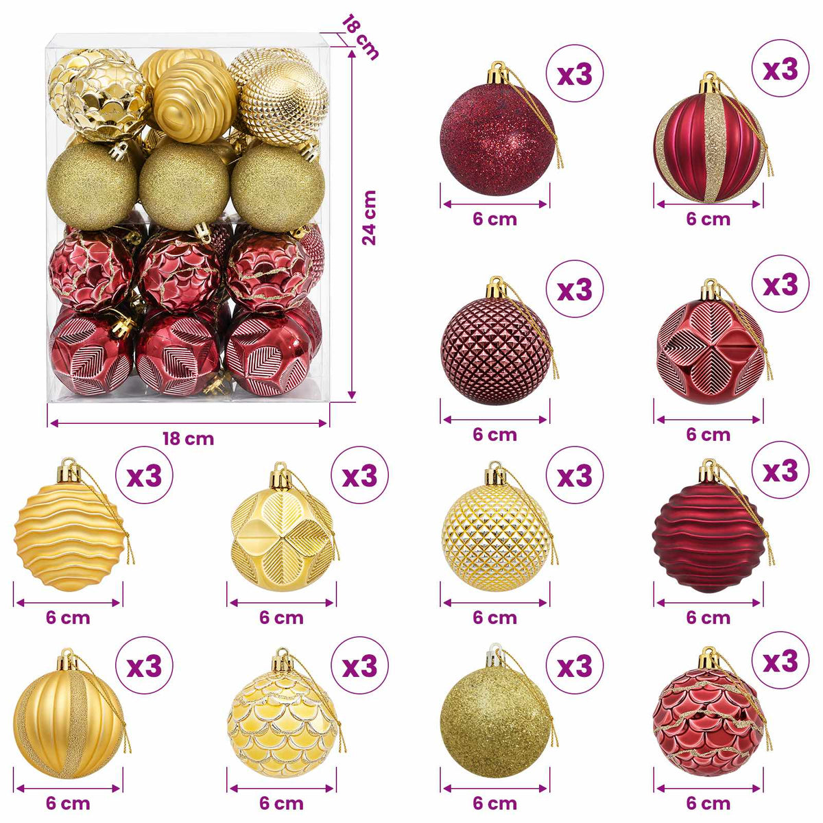 Christmas Ball Set 36 pcs Gold and Wine Red Dia. 6 cm