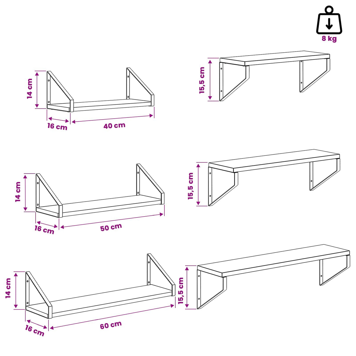 Wall Shelves 3 pcs White 60 x 16 x 15.5 cm
