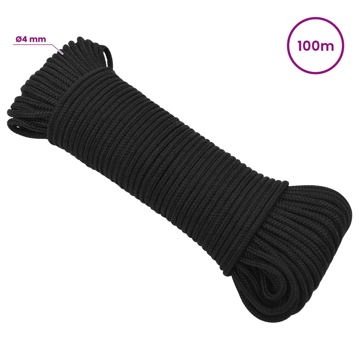 Multipurpose Utility Rope 4 mm 100 m Black PP 105 kg Max Load