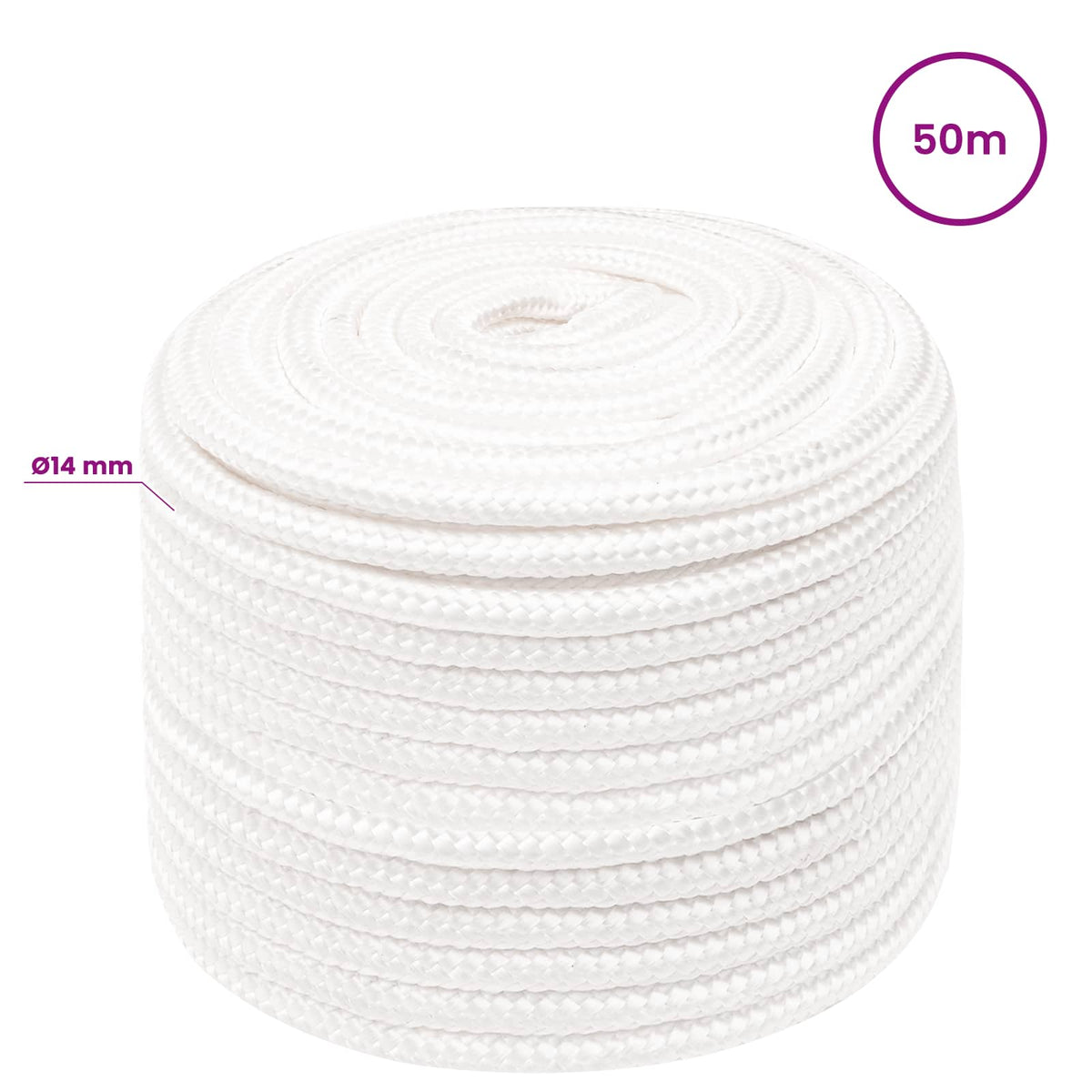 Multipurpose Utility Rope 14 mm 50 m White PP 1275 kg Max Load