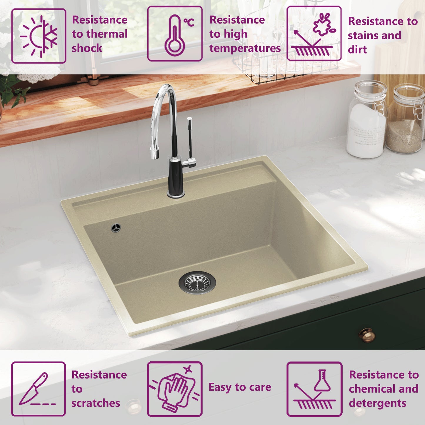Kitchen Sink with Overflow Hole Beige Granite