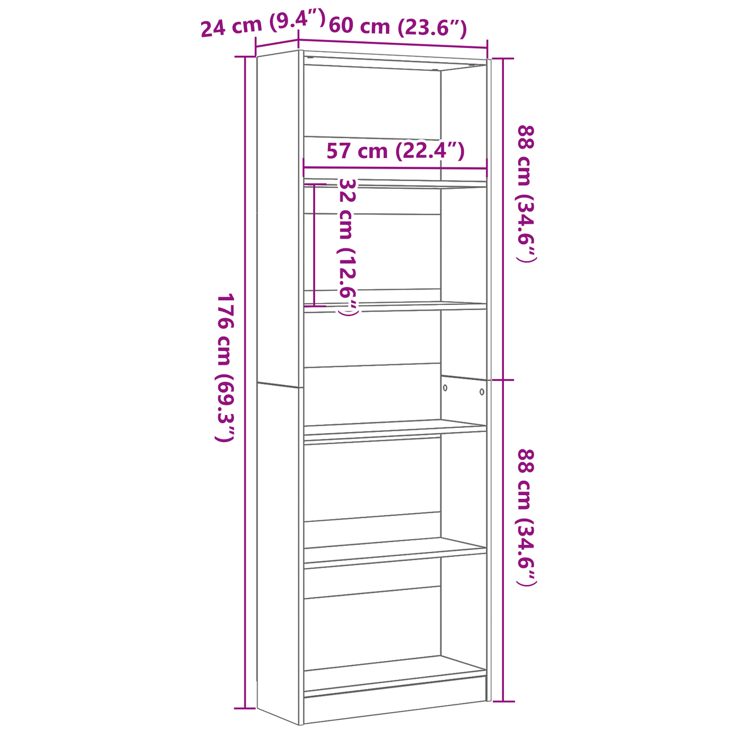 Bookshelf 60 x 24 x 176 cm Engineered Wood Black Oak