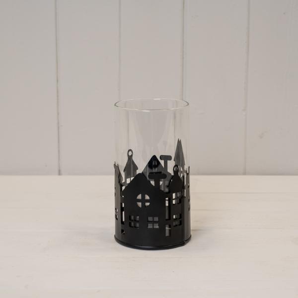 Medium Black Metal House Scene Candle Holder with Glass Insert