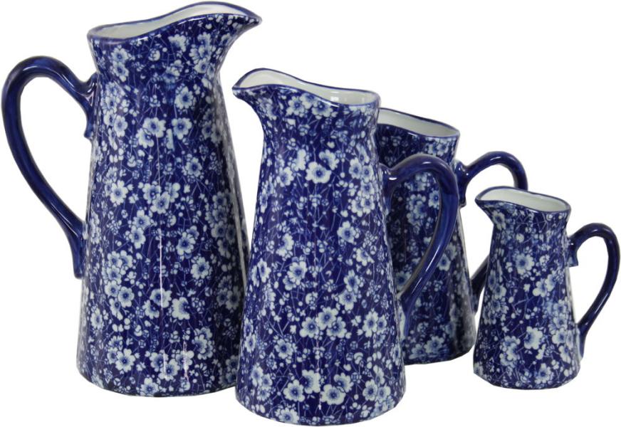 Set of 4 Ceramic Jugs Vintage Blue & White Magnolia Design
