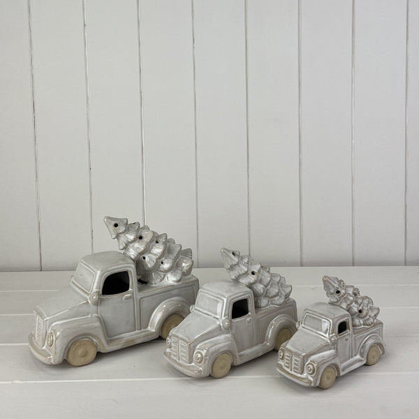 Glazed Ceramic Car Carrying Christmas Tree Ornament with Textured Detail and LED L21.7xD10.3xH15.5