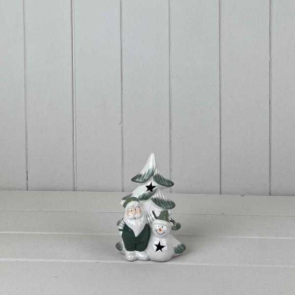 Green/White Ceramic Tree with Santa and Snowman Decoration with LED L9.6xD5.8xH13.6cm Weight-177g