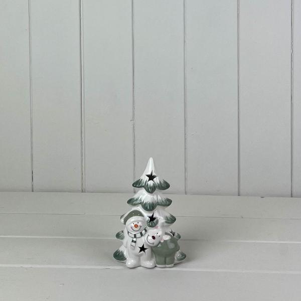 Green/White Ceramic Tree with Snowman and Reindeer Decoration with LED L9.5xD5.8xH13cm Weight-161g