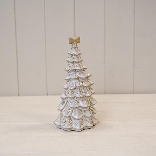 Large Stone Glazed Ceramic Christmas Tree with Cream Bow on Top