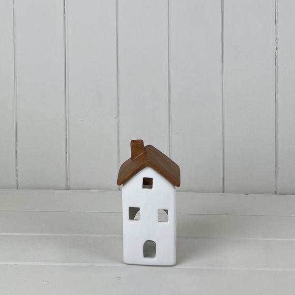 White/Wood Grain Effect Ceramic House Tealight Holder L9.4xD7.4xH16.5cm Weight-363g
