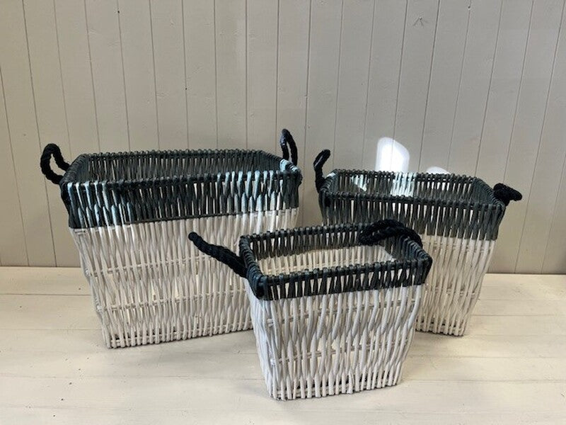 Set of 3 Straw Baskets With Grey Dipped Bottom L: TD35cm H29cm B28cm M: TD30cm H27cm B23cm S: TD24c