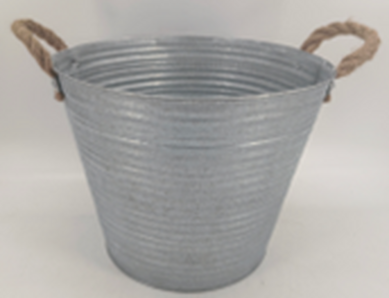 23cm Aged Zinc Planter with Rope Handles & Drainage Hole