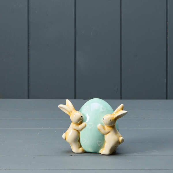 Ceramic Rabbits with Blue Egg H8.2 W11.2 D7