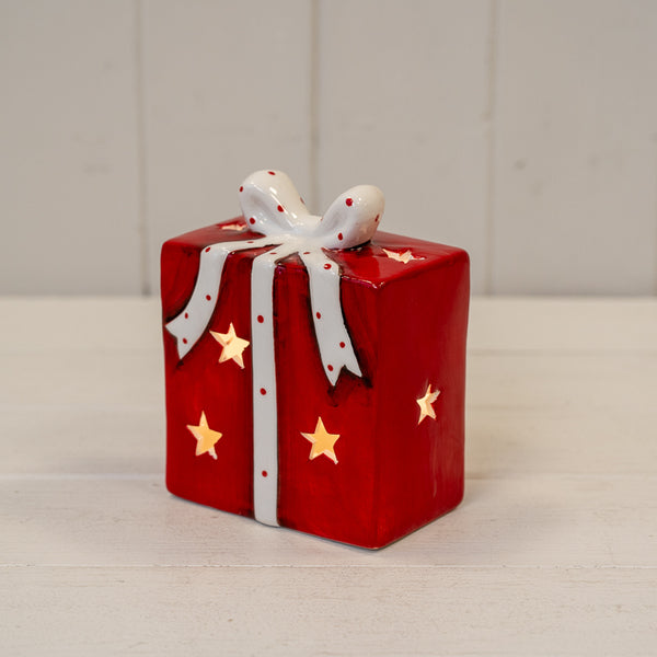 White/Red Ceramic Present with LED L6.3xW6.3xH9cm