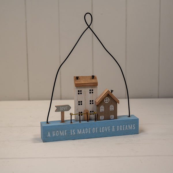 Wooden Hanging Blue Double House 'A Home is Made of Love & Dreams' Sign with neutral Houses and Arr