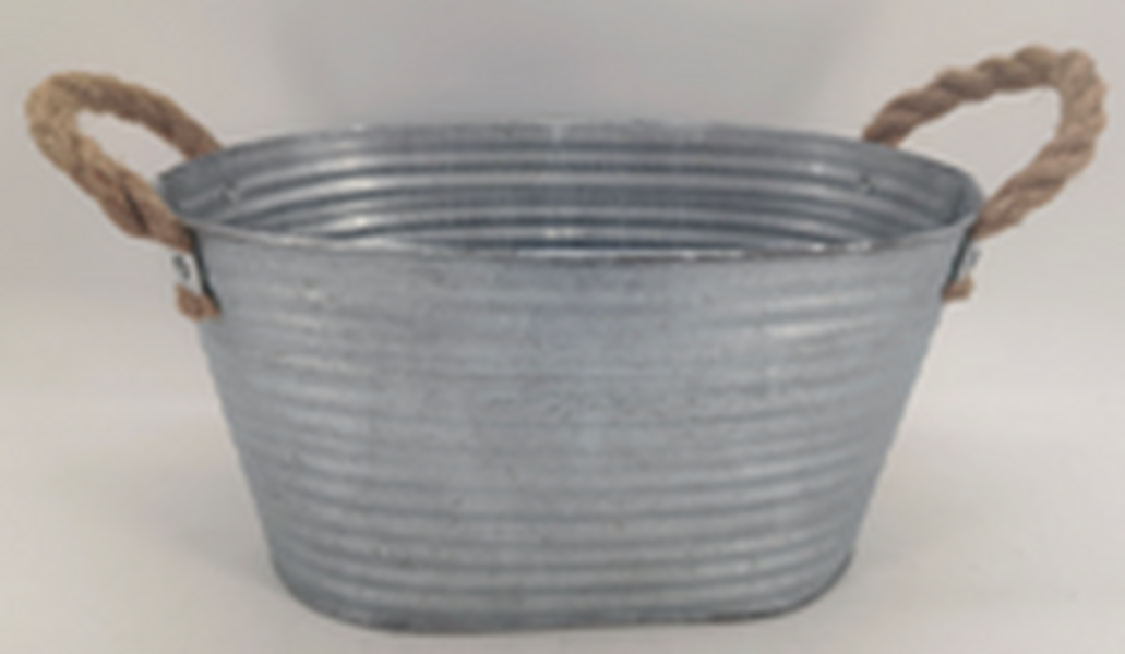 27cm Aged Zinc Planter with Rope Handles & Drainage Hole
