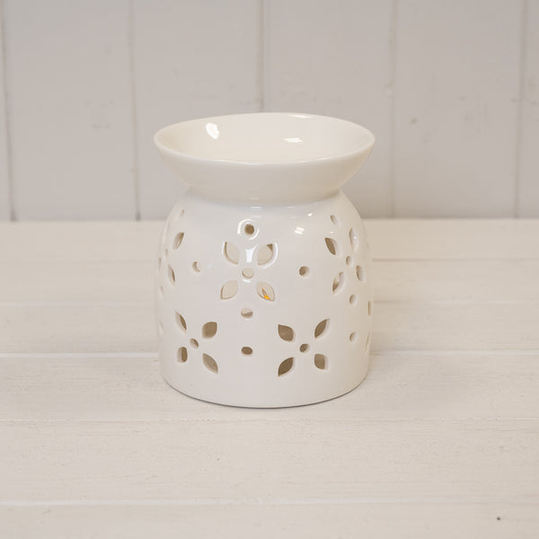 Small White Ceramic Glazed Oil Burner with Leaf Design