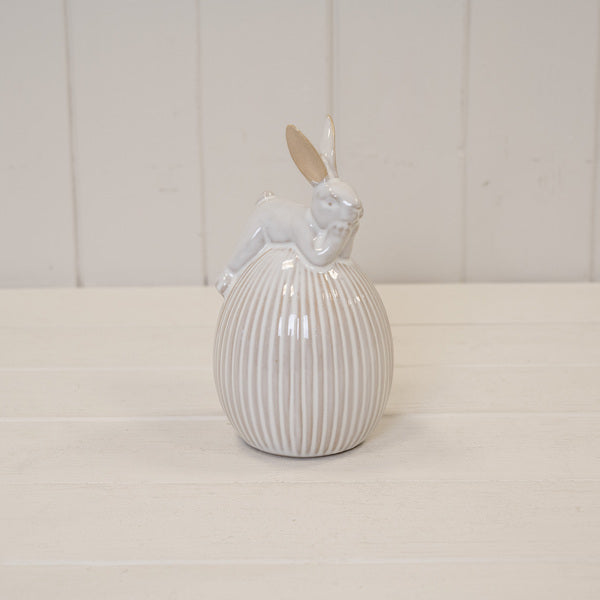Ceramic Easter Egg Basket White Glazed with Unglazed Bow Handle 9.7cm x 8.8cm x 12.3cm