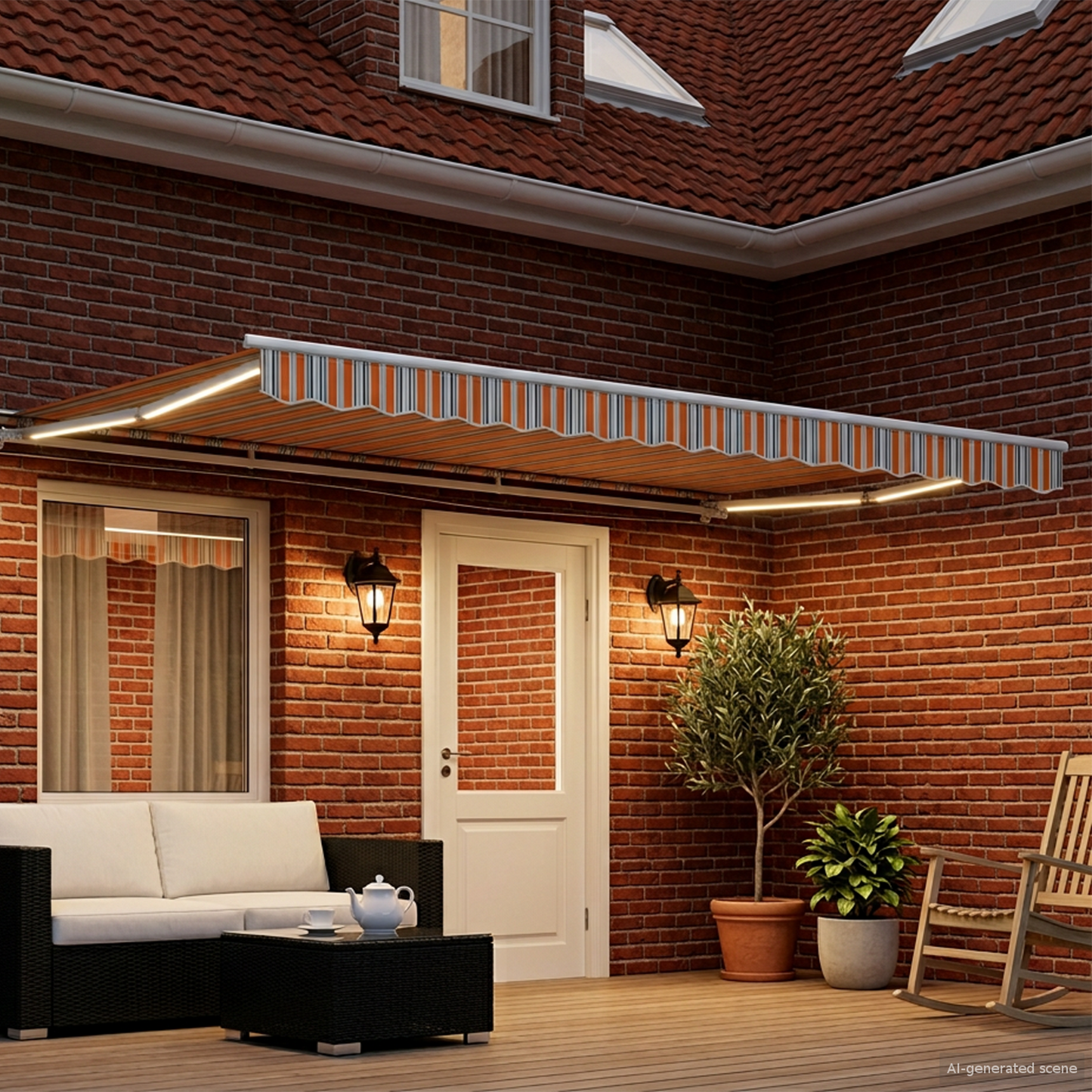 Manual Awning Frame with LEDs Blue, Orange and White 4.5 x 3 m