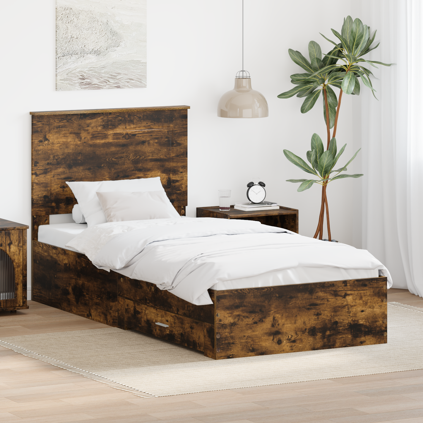 Bed Frame with Drawer Smoked Oak 100 x 200 cm Engineered Wood