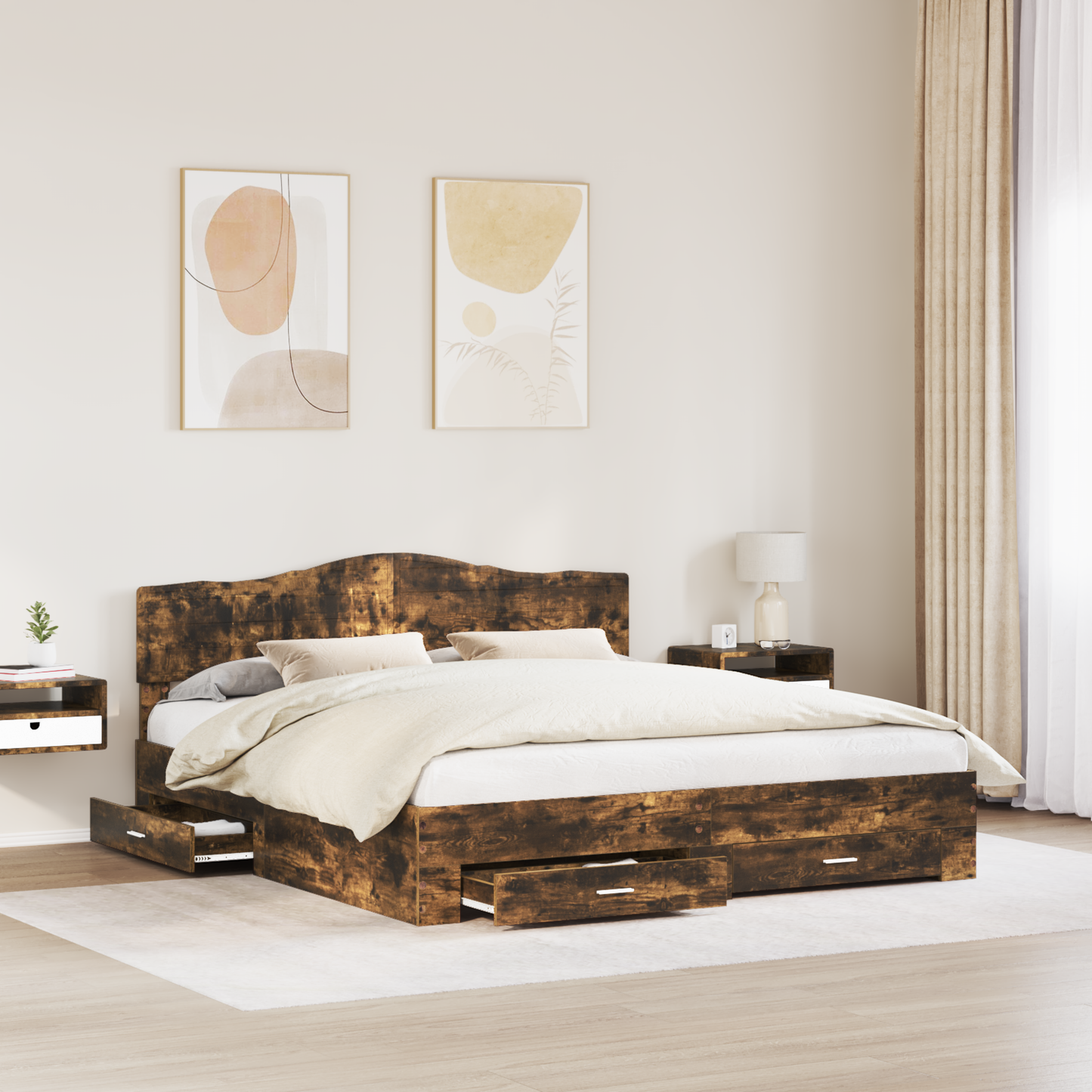 Bed Frame with Drawer Smoked Oak 200 x 200 cm Engineered Wood