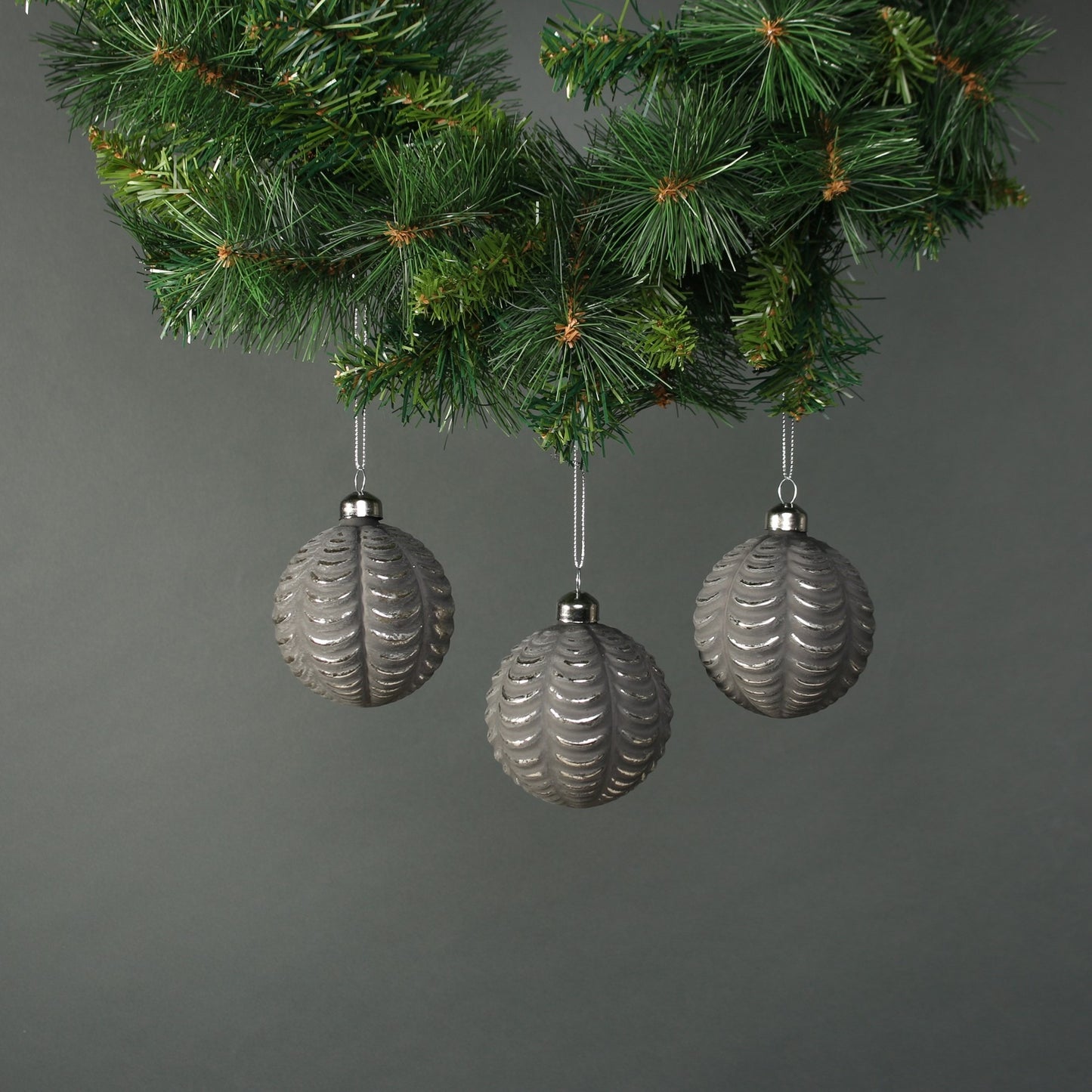 Naida 8cm Glass Frill Bauble Pewter &amp; Silver (Set of 4)